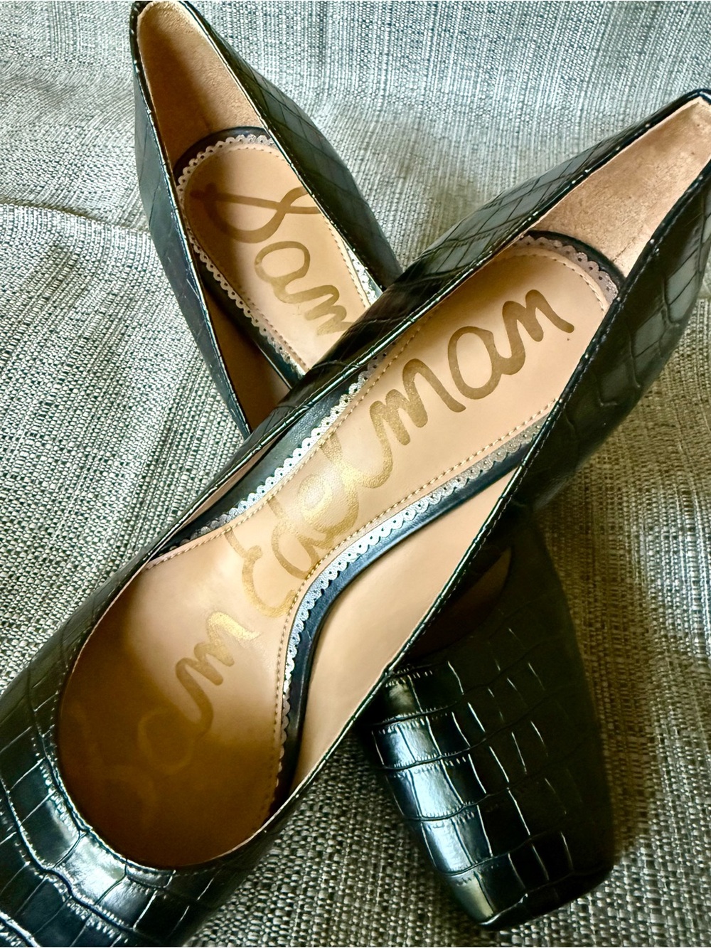 Sam Edelman Black Croc-Embossed Square Toe Pumps - Picture 4 of 8